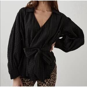 Rails Eileen Women's Size L Black Long Sleeve Wrap Top Seersucker Tie Blouse